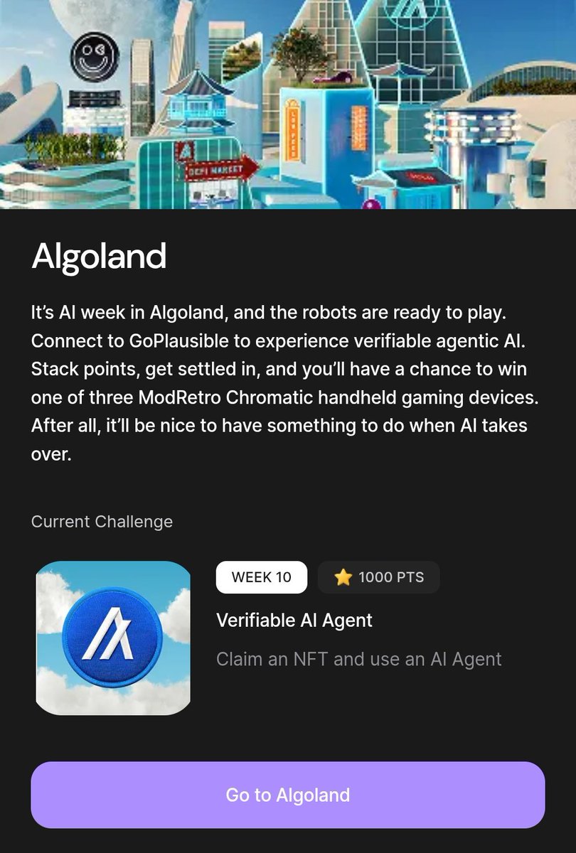 PeraAlgoWallet's tweet image. Week 10 of Algoland is HERE 🙌

It&apos;s AI week so claim your NFT and use the AI Agent for a chance at a ModRetro Chromatic handheld gaming device 🎮

Get started now: algoland.co