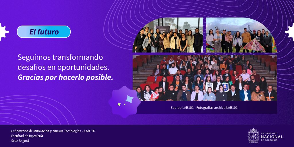 Lab101UNAL's tweet photo. 🎉 Celebramos 12 años de innovación, creatividad y nuevas tecnologías en comunidad.

En #LAB101 cumplimos años, pero cada logro pertenece a todas las personas que han hecho parte de este camino. Desde nuestras primeras ideas, pasando por el crecimiento del laboratorio y los proyectos que han marcado la diferencia, hasta la visión que seguimos construyendo día a día.

Este aniversario nos recuerda que la innovación se hace en comunidad.

Acompáñanos a recorrer estos hitos y descubre por qué somos parte de la anatomía creativa del país.
Conoce más 👉 https://t.co/u4huHbQswi
#ConoceAlLAB #CumpleLAB101 #ModoLAB