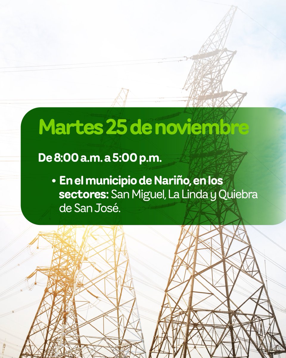 EPMestamosahi's tweet photo. ⚠️⚡️ Este martes 25 de noviembre se realizarán #InterrupcionesProgramadas del servicio de #EnergíaEPM para realizar trabajos de mantenimiento en subestaciones y en las redes de subtransmisión, en las siguientes localidades antioqueñas, con el propósito de seguir prestando un servicio con calidad.
Conoce los sectores y horarios. 👇