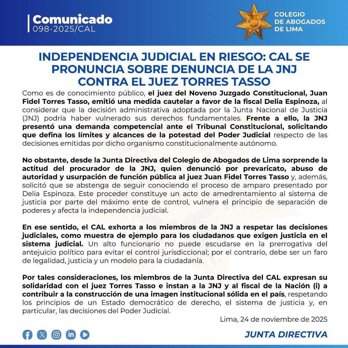 CALPERUOFICIAL's tweet image. 🔵 #COMUNICADO 098-2025 | INDEPENDENCIA JUDICIAL EN RIESGO: CAL SE PRONUNCIA SOBRE DENUNCIA DE LA JNJ CONTRA EL JUEZ TORRES TASSO

Como es de conocimiento público, el juez del Noveno Juzgado Constitucional, Juan Fidel Torres Tasso, emitió una medida cautelar a favor de la fiscal…