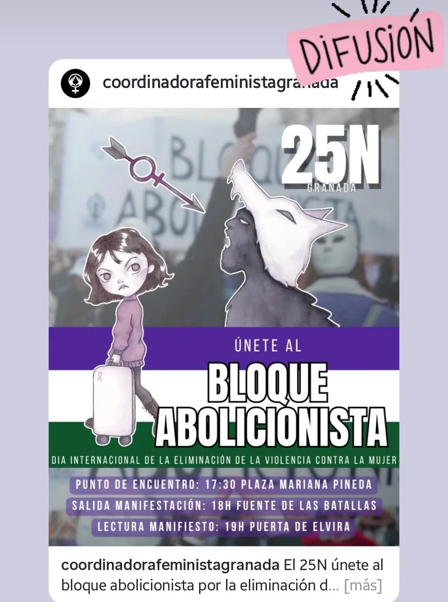 En GRANADA, nos vemos mañana Martes 25 de Noviembre. A las 17:30 empezamos la Mani en la plaza Mariana Pineda. Ven con Nosotras! ♀️💪💜
#FeminismoParaResistir
#FeminismoParaVivir