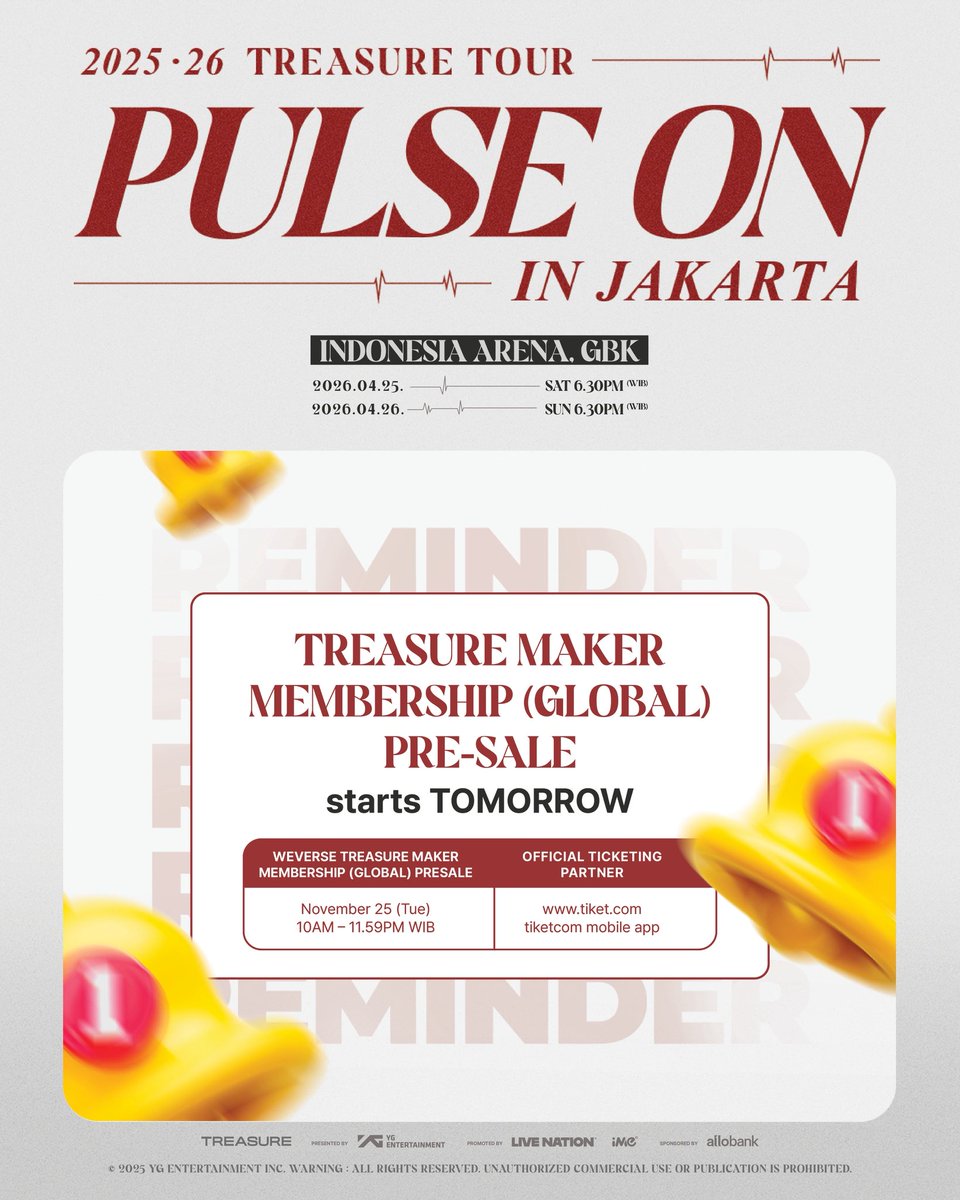 TREASURE MAKER, the time to secure your ticket is only a step ahead! If you have successfully registered your Weverse TREASURE MAKER MEMBERSHIP (GLOBAL), this Presale is your priority and your best chance to get a seat for 2025-26 TREASURE TOUR [PULSE ON] IN JAKARTA before anyone