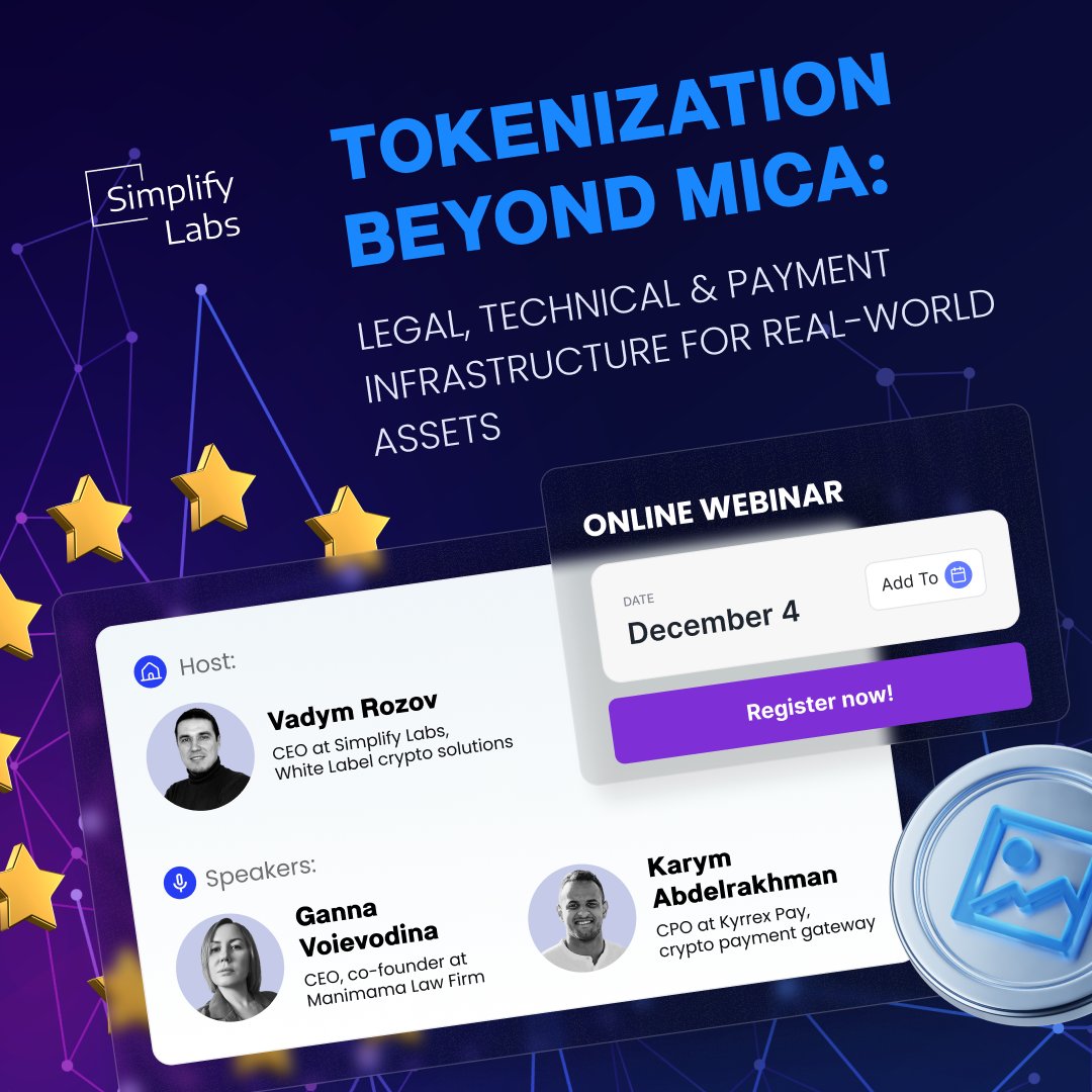MiCA is reshaping the EU crypto landscape - and many teams are wondering: Can you launch tokenized assets without falling fully under MiCA?

Yes - if your project is structured smartly and backed by compliant technology.

Join Simplify Labs, Manimama Law Firm