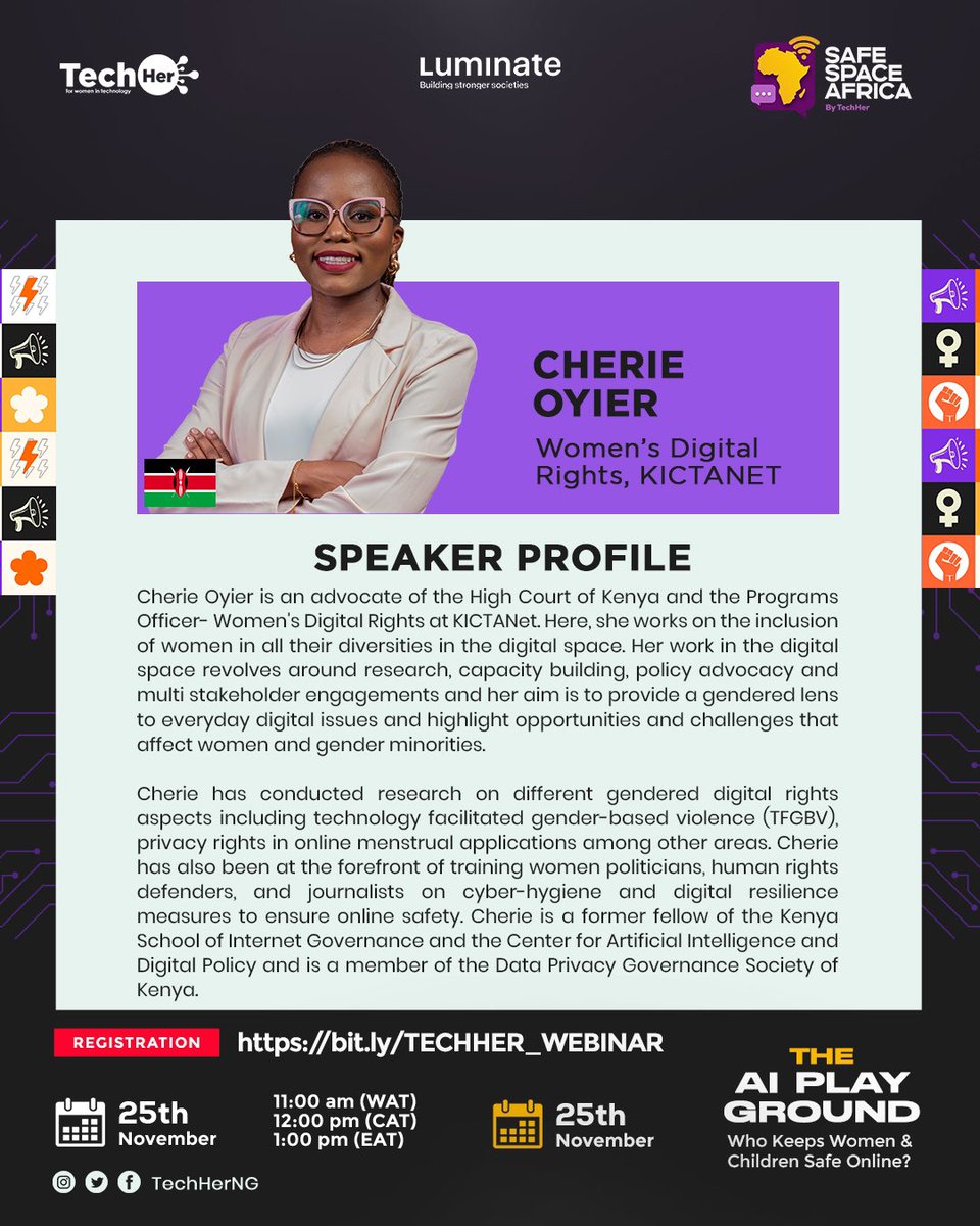 TechHerNG's tweet image. We’re excited to welcome @cherieoyier of @KICTANet , a bold advocate for women’s digital rights and safety. Her work spans survivor support, policy engagement, and cyber-hygiene training for women leaders. 

As the Programmes Officer for Women’s Digital Rights at KICTANet, her…
