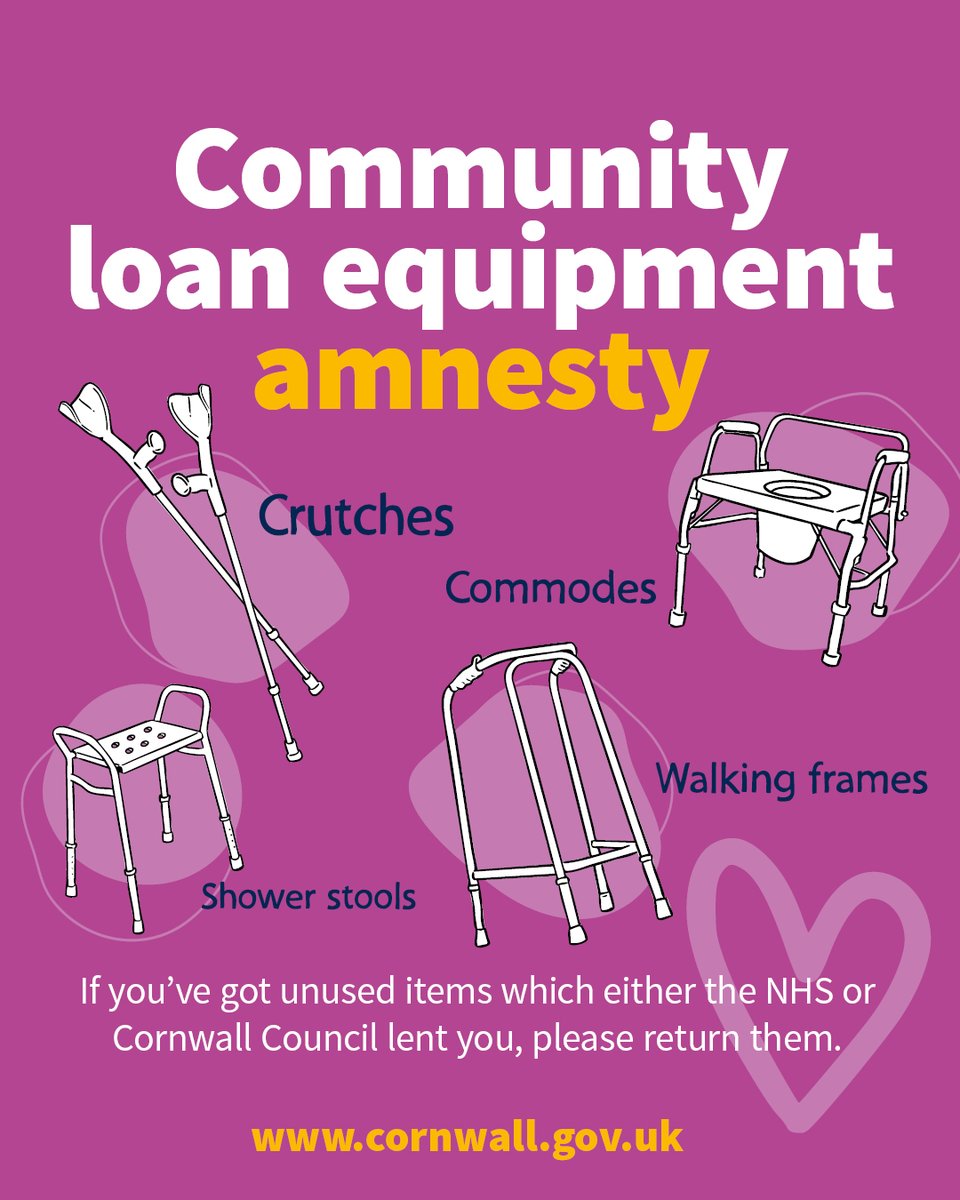 CornwallCouncil's tweet photo. Cornwall Council and the local NHS are urging residents to hand back unused care equipment this winter.

Many items, like walking frames, crutches, beds and short-term loaned wheelchairs are left forgotten in people’s homes when no longer needed.

🔗 https://t.co/w0H8tteFVv https://t.co/t1EFUs3XYq