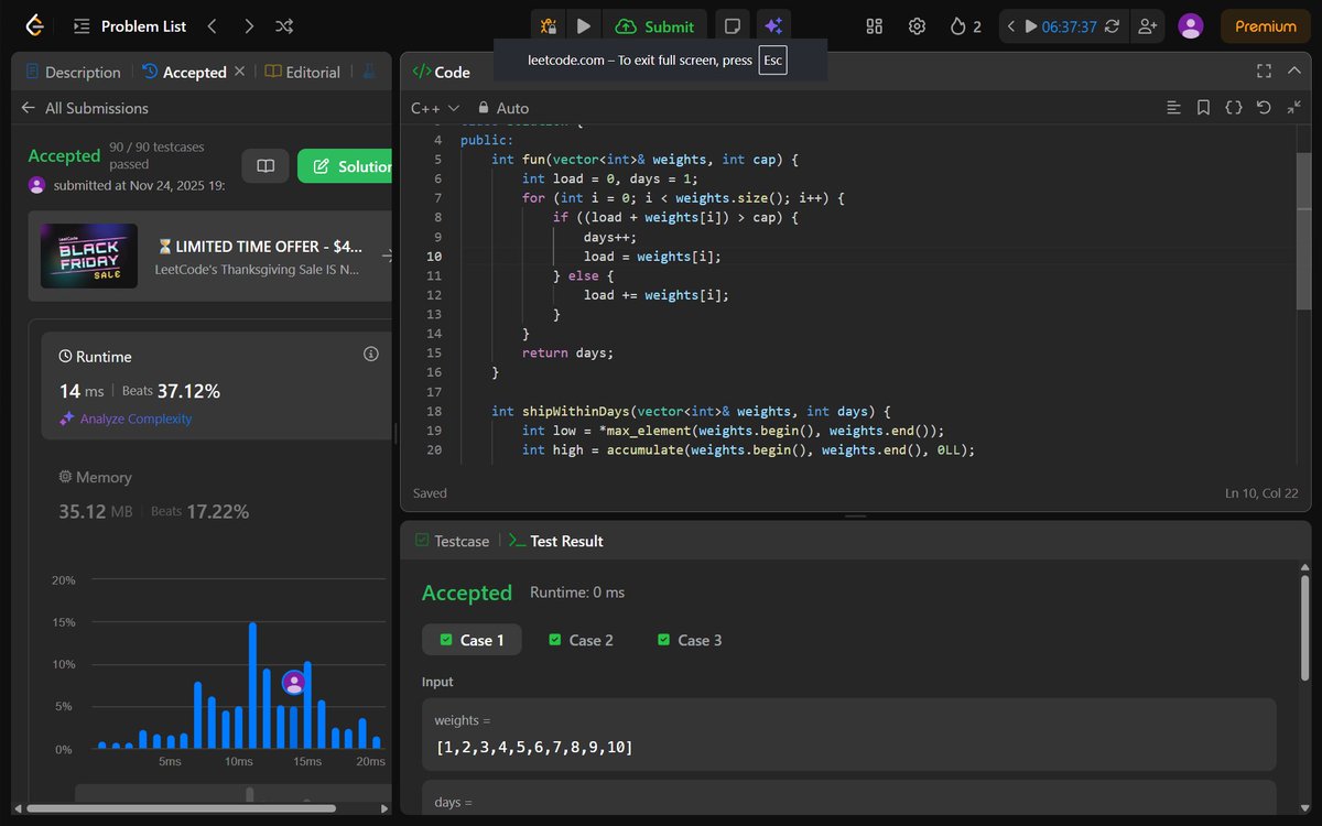tanushree705's tweet image. Day  13 of #100DaysOfCode
✅ Koko Eating Bananas
✅ Minimum Days to Make M Bouquets
✅ Find the Smallest Divisor
✅ Capacity to Ship Packages Within D Days
✅ K-th Missing Positive Number
#leetcode #BinarySearch #LearnInPublic #TUFWinterArc #DSA