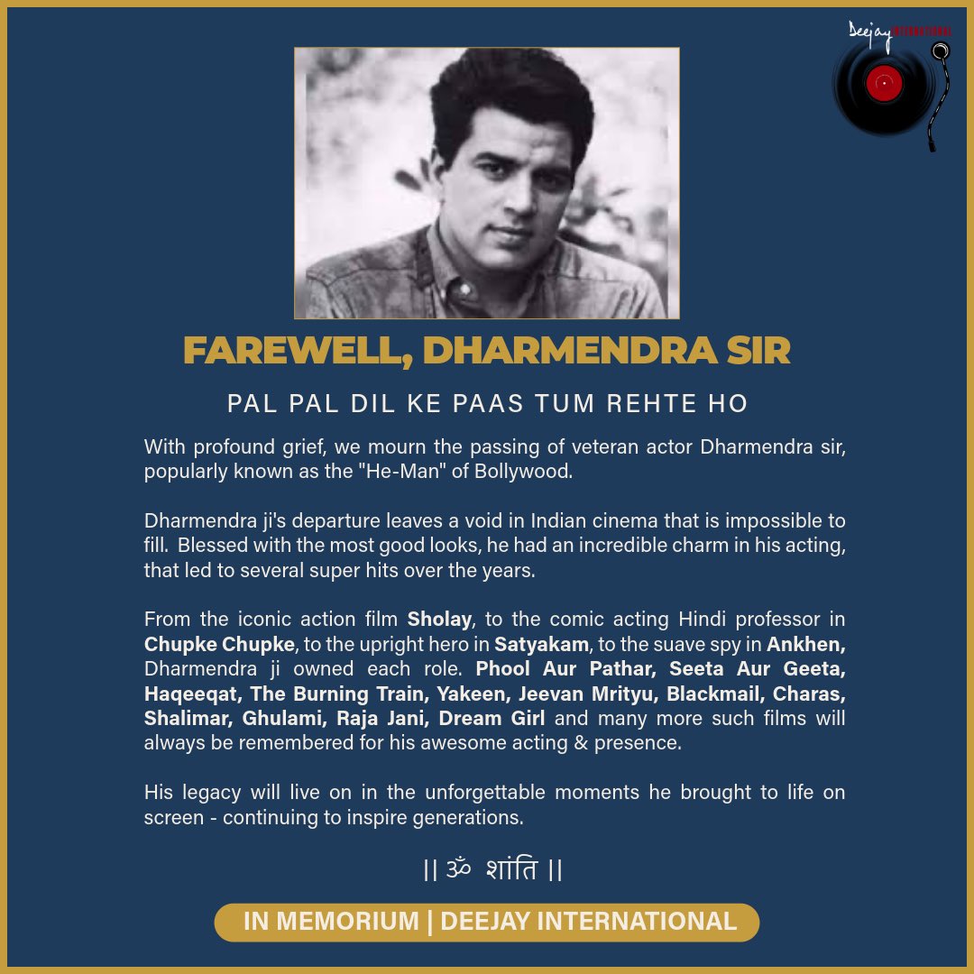 We will miss you forever, <a href="/aapkadharam/">Dharmendra Deol</a> ! 

With a long and illustrious career he was always on top of the game, hugely successful and loved a lot by all for his sweet rustic charm.  

Farewell, sir! ॐ शांति 🙏🏻🙏🏻

#DharmendraDeol #Dharmendra