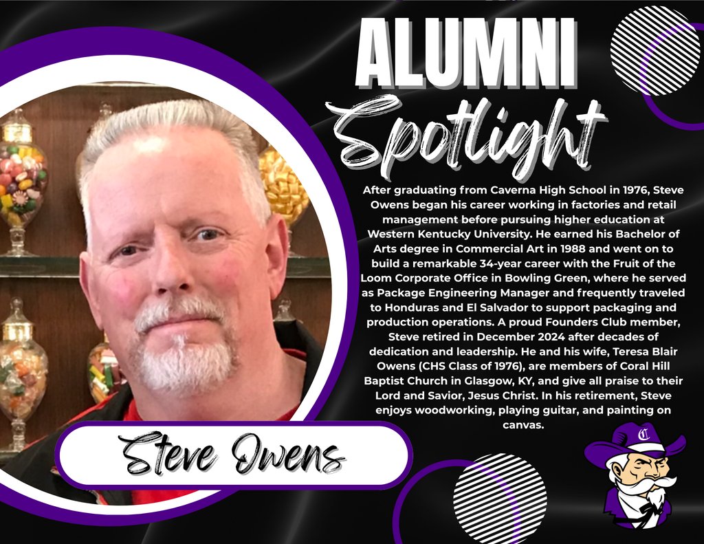 Caverna_ISD's tweet image. Today’s Spotlight: Steve Owens
💜 Nominate a Caverna Alumnus for our Spotlight! Submit your nomination today!
🔗 bit.ly/CISAlumniSpotl…
#CavernaAlumni #AlumniSpotlight