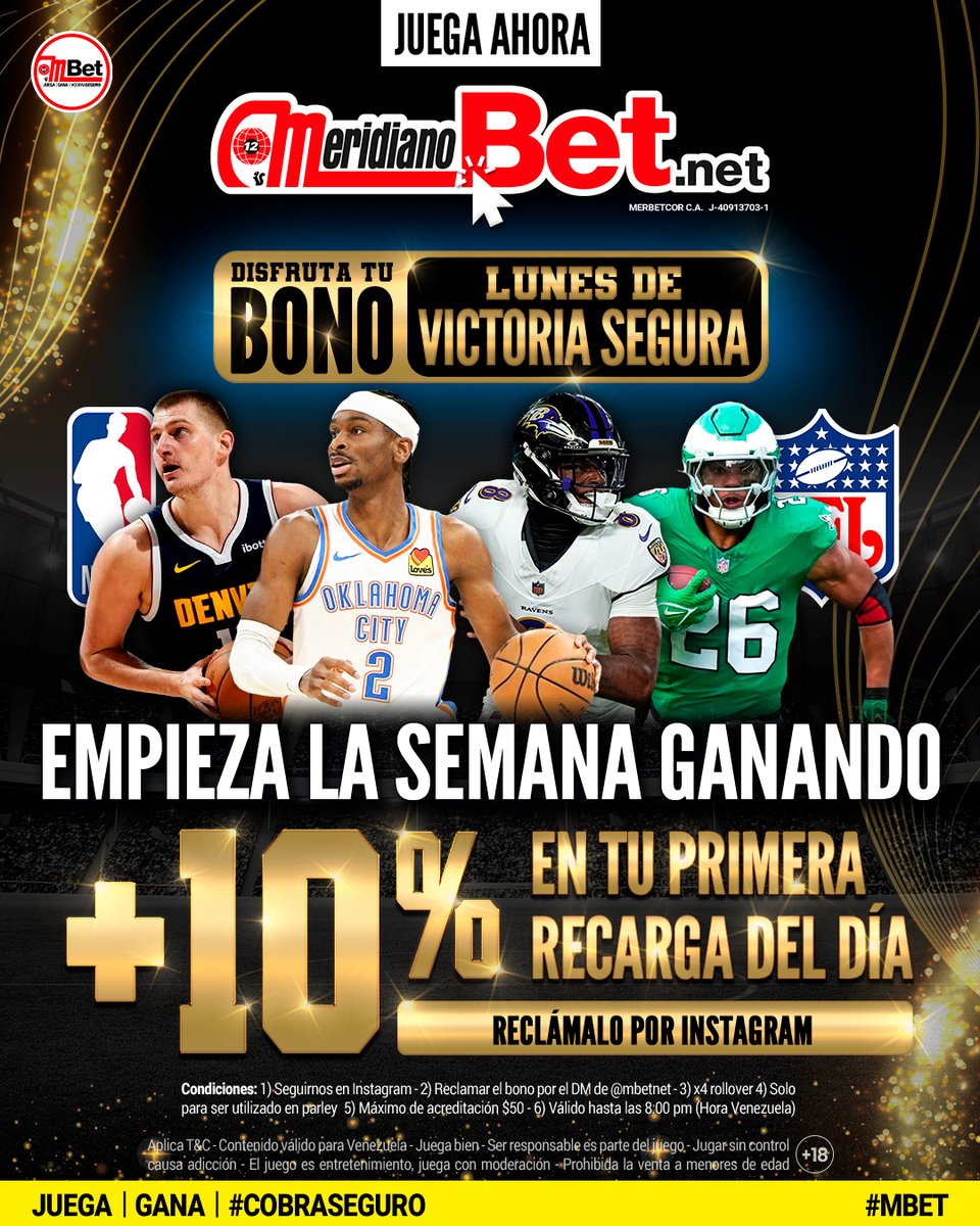 revistaronda's tweet image. ¡El Lunes es de BONO VICTORIA SEGURA! 🤩🔥

EMPIEZA LA SEMANA GANANDO: Recarga y llévate un +10% EXTRA en tu primera recarga del día. 💸🏀🏈

¡Reclámalo por DM en Instagram @mbetnet! 📲