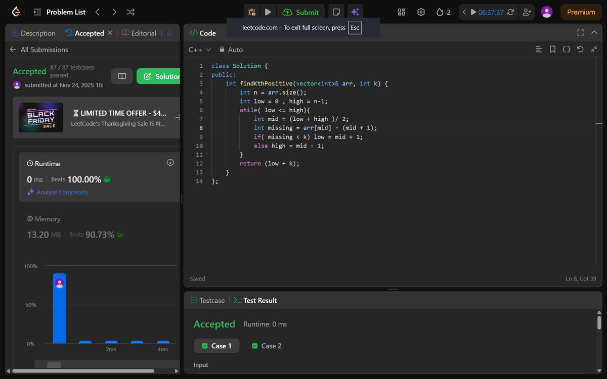 tanushree705's tweet image. Day  13 of #100DaysOfCode
✅ Koko Eating Bananas
✅ Minimum Days to Make M Bouquets
✅ Find the Smallest Divisor
✅ Capacity to Ship Packages Within D Days
✅ K-th Missing Positive Number
#leetcode #BinarySearch #LearnInPublic #TUFWinterArc #DSA