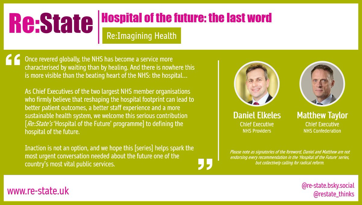 restate_thinks's tweet photo. 💫New paper – 'Hospital of the future: the last word'💫

We're thrilled this paper, concluding our 'Hospital of the Future' series, is accompanied by a foreword from @danielelkeles, Chief Exec of NHS Providers, and Matthew Taylor, Chief Exec of NHS Confederation https://t.co/3VLTzlJLd0