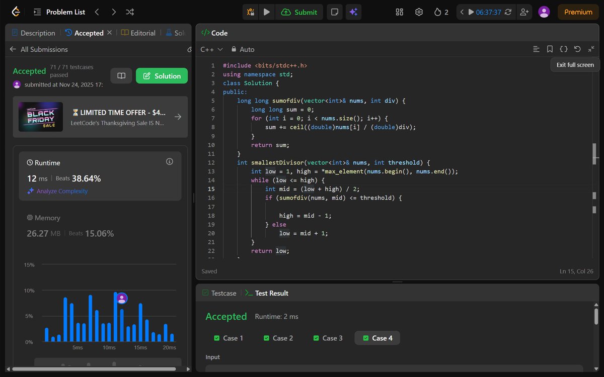tanushree705's tweet image. Day  13 of #100DaysOfCode
✅ Koko Eating Bananas
✅ Minimum Days to Make M Bouquets
✅ Find the Smallest Divisor
✅ Capacity to Ship Packages Within D Days
✅ K-th Missing Positive Number
#leetcode #BinarySearch #LearnInPublic #TUFWinterArc #DSA