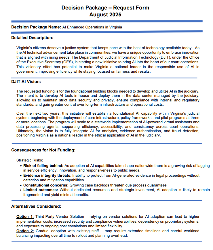 LegislativeAI's tweet image. Things change quick. Last year I was posting about using AI to draft bills and DLS leadership collected my posts and used them to pressure my boss to fire me. Now the VA Supreme Court wants $2.5 million to roll out AI tools for courts statewide through their own datacenter.