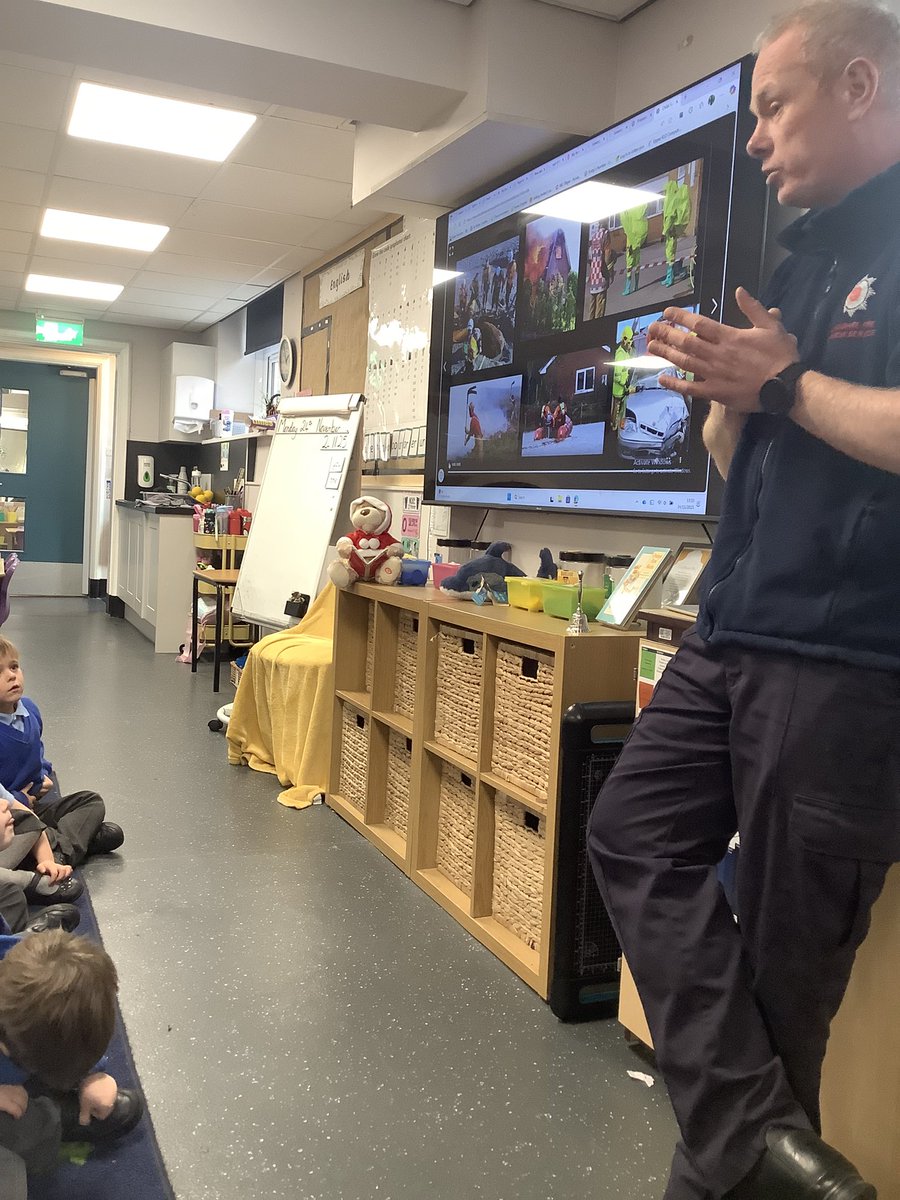 Class 1 &amp; 2 have had a wonderful afternoon as they were visited by Fire Rescue. The firefighter taught us lots about how we can stay safe &amp; how we can prevent fires or endangering ourselves. We learnt how to stop, drop &amp; roll and even helped Mick radio through to the fire engine.