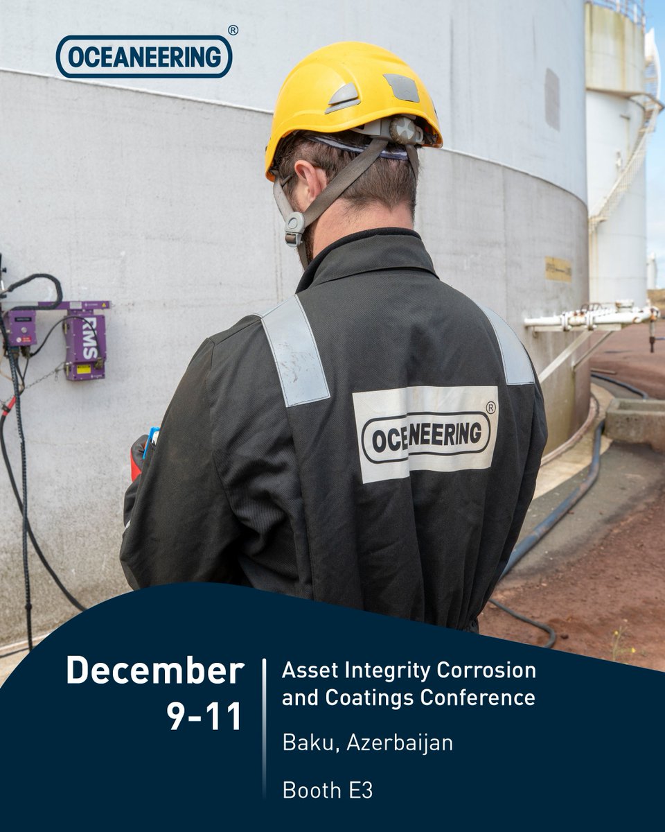 Oceaneering's tweet image. We’re shaping the future of corrosion control!

Meet us at the Asset Integrity Corrosion &amp;amp; Coatings Conference in Baku, Dec 9–11.
📍 Booth E3

🔗oceaneering.com/tradeshows/ass…

#CorrosionControl #AssetIntegrity #EnergyTech
