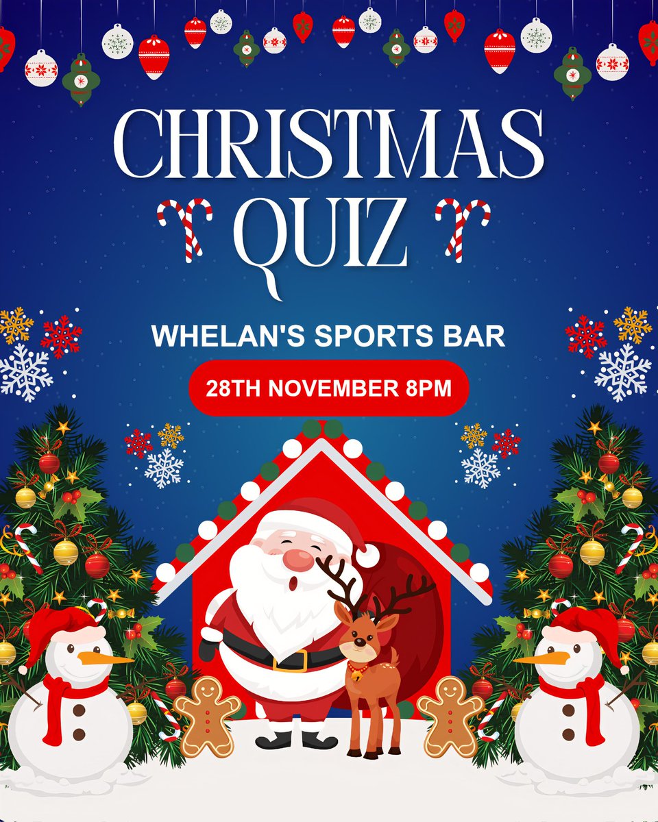 WhelansQuiz's tweet image. 𝗖𝗵𝗿𝗶𝘀𝘁𝗺𝗮𝘀 𝗤𝘂𝗶𝘇
🎅 Friday 28th Nov
🧦 8pm
4️⃣ Rounds
🤶 Festive Dingbats
📺 TV Ads
☃️ Xmas Knowledge 
🎄Chrimbo Tunes
🎁 Prizes
🍾 £25 Bar Tab
🧺 Christmas Hamper
🎫 Bingo!
#wafc #Wigan