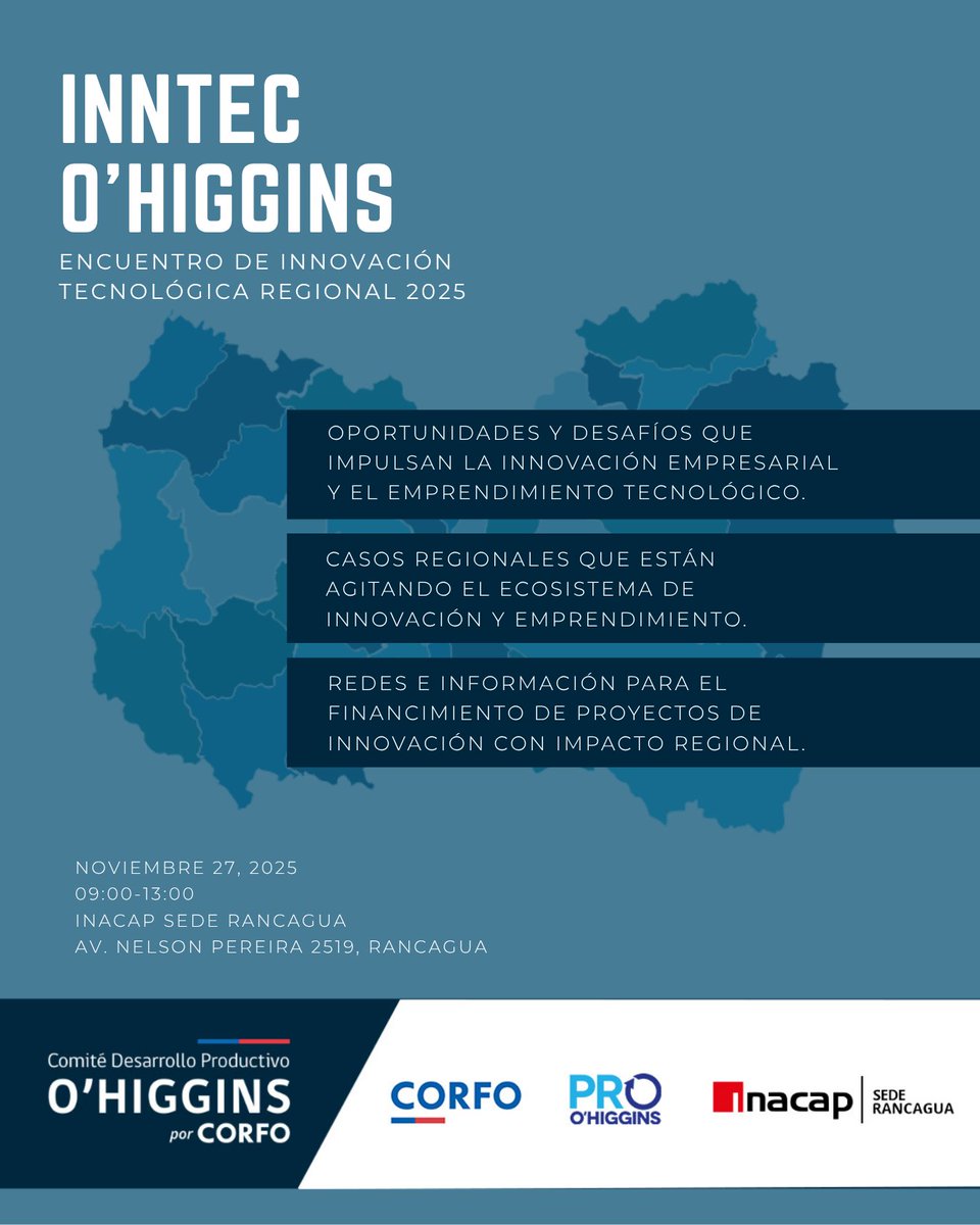 ¡Participa del 1er Encuentro de Innovación Tecnológica Regional – InnTec OH 2025!
Este Jueves 27 de noviembre | 09:30 – 13:00 hrs | <a href="/INACAPRancagua/">INACAP Sede Rancagua</a>
Inscríbete gratis aquí
forms.office.com/pages/response…
<a href="/CorfoOHiggins/">Corfo O'Higgins</a>