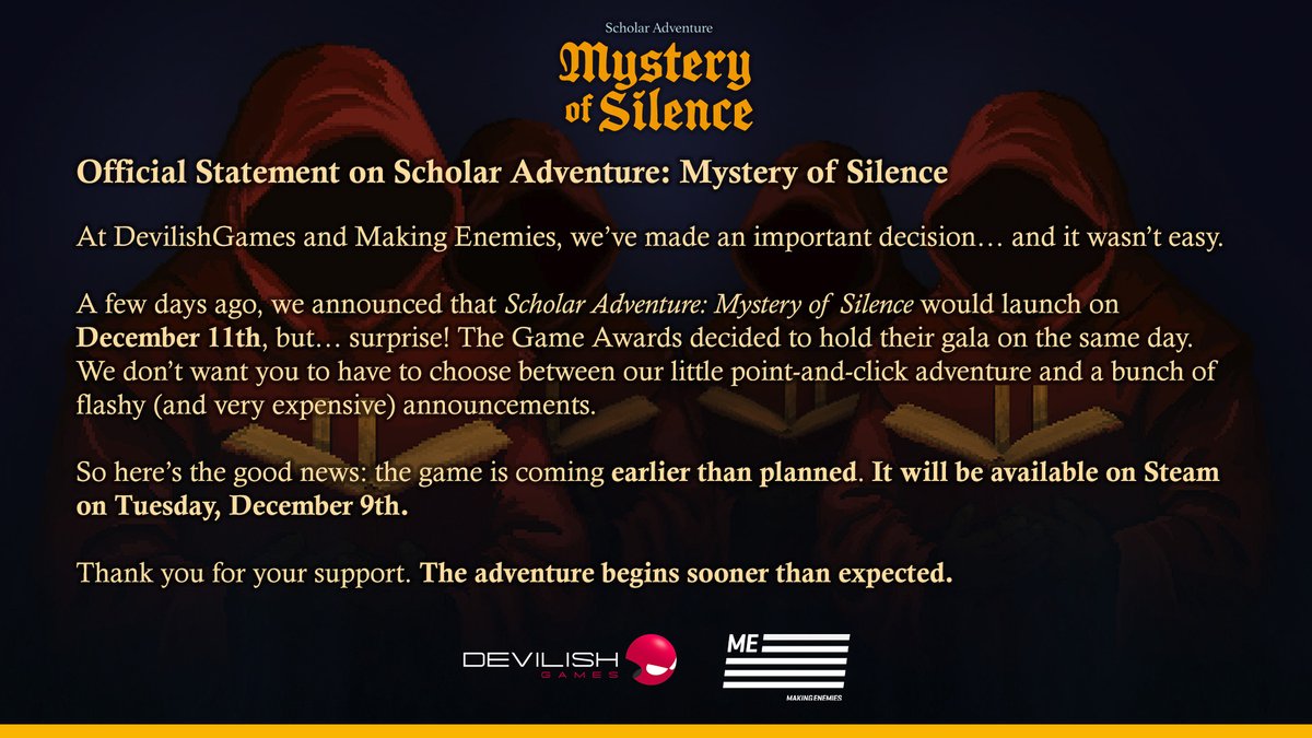 devilishgames's tweet image. 🇬🇧 IMPORTANT: We have an official statement about Scholar Adventure: Mystery of Silence. Please share it.

🇪🇸 IMPORTANTE: Tenemos un comunicado oficial sobre Scholar Adventure: Mystery of Silence. Por favor, compártelo.

#indiegames #indiedev #videogames
