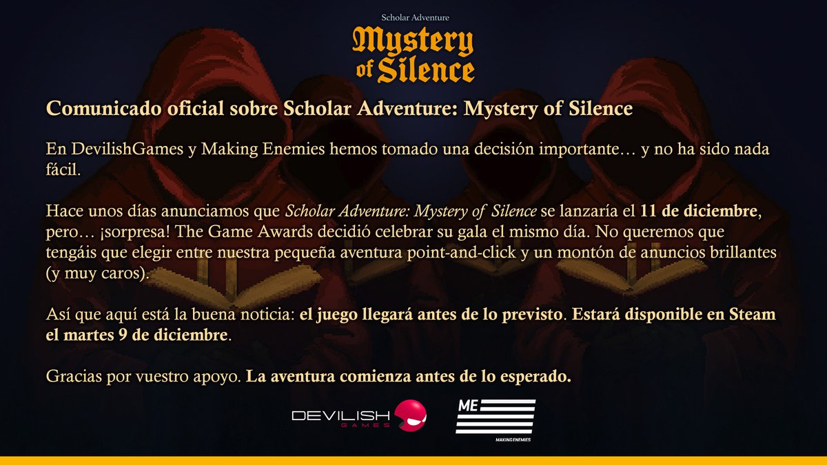 🇬🇧 IMPORTANT: We have an official statement about Scholar Adventure: Mystery of Silence. Please share it.

🇪🇸 IMPORTANTE: Tenemos un comunicado oficial sobre Scholar Adventure: Mystery of Silence. Por favor, compártelo.

#indiegames #indiedev #videogames