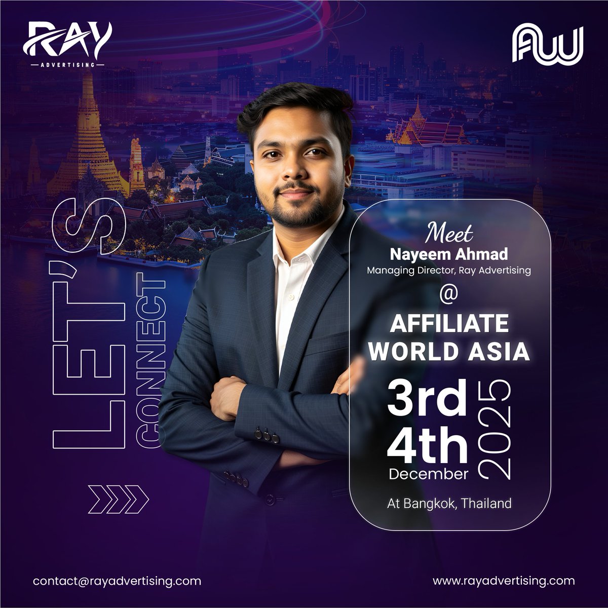 RayAdvertising's tweet image. This December, Bangkok becomes the center of real marketing conversations. 🇹🇭🔥
Meet Nayeem Ahmad, Ray Advertising’s MD, live at AWA 2025 (Dec 3–4).
Let’s talk strategy, scale &amp;amp; performance.
DM us or email contact@rayadvertising.com

#AWA2025 #RayAdvertising #PerformanceMarketing