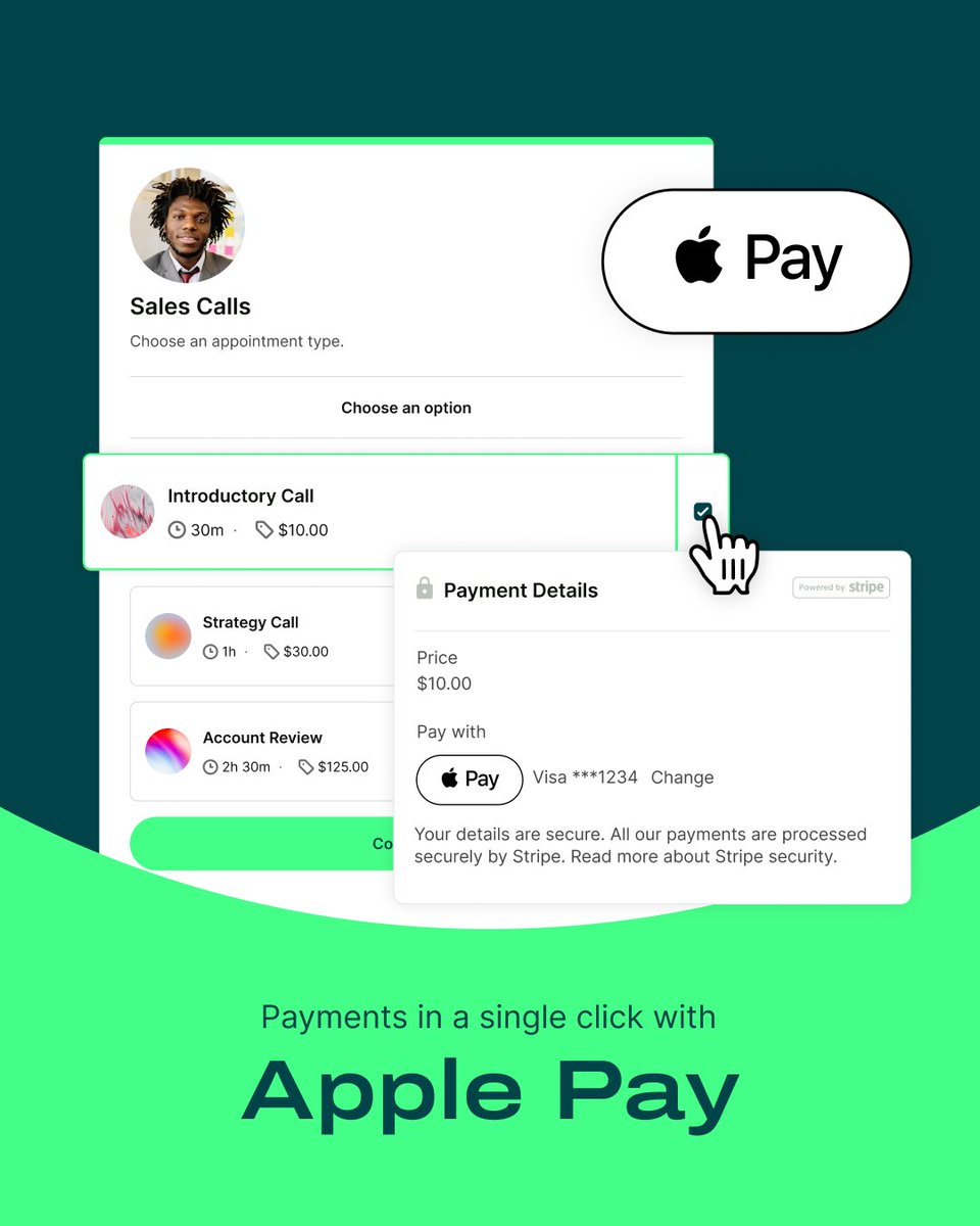 Take payments as easily as bookings with <a href="/Apple/">Apple</a> Pay! 🍏💳

With YCBM, you can collect payments for your meetings in seconds. Just integrate your booking page with Stripe to securely accept debit, credit cards, Apple Pay, or Google Pay.

Learn more: eu1.hubs.ly/H0pWZTD0