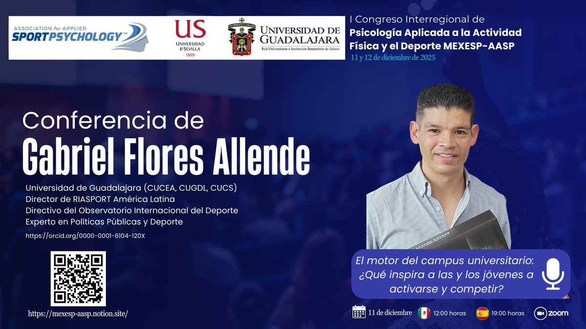 DrFloresAllende's tweet image. I Congreso Interregional de Psicología Aplicada a la Actividad Física y el Deporte. 

Espacio que reúne especialistas de España y México para compartir avances, experiencias y buenas prácticas en el campo de la psicología aplicada al deporte y la actividad física @unisevilla