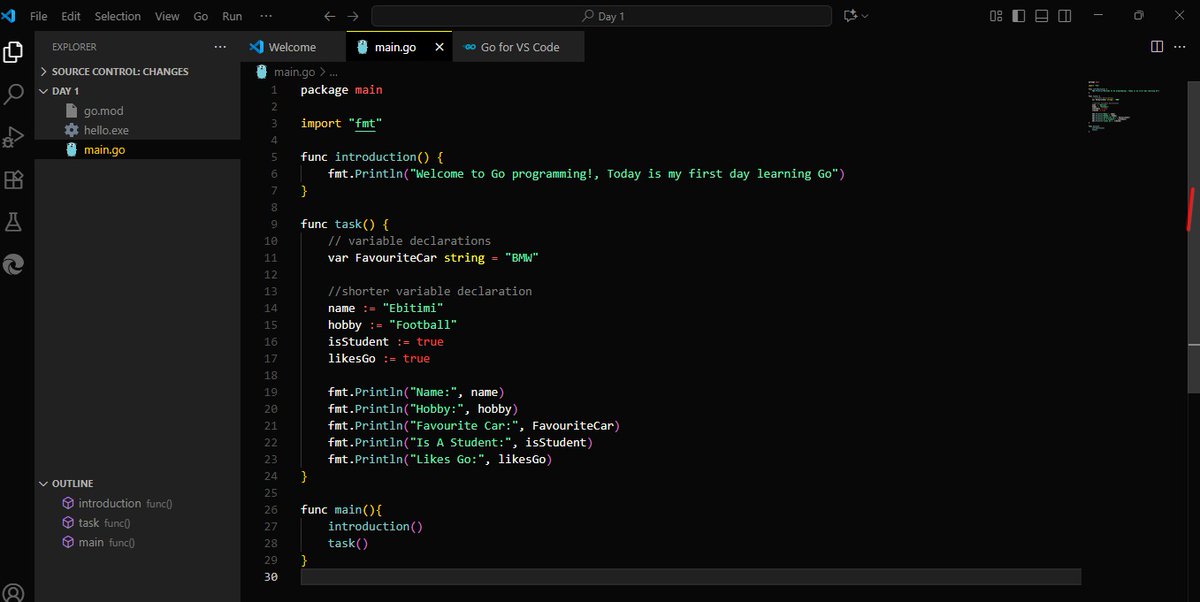 EbelikeEbitimi's tweet image. 🔥 Day 1 of Learning Go (Golang)!

Today I set up Go and wrote my first program.
I learned how variables work and created a simple function.
Excited for this journey — Backend Dev loading… 💻🚀
#Golang #100DaysOfCode #backenddevloper