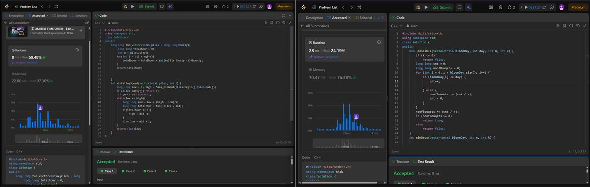 tanushree705's tweet image. Day  13 of #100DaysOfCode
✅ Koko Eating Bananas
✅ Minimum Days to Make M Bouquets
✅ Find the Smallest Divisor
✅ Capacity to Ship Packages Within D Days
✅ K-th Missing Positive Number
#leetcode #BinarySearch #LearnInPublic #TUFWinterArc #DSA