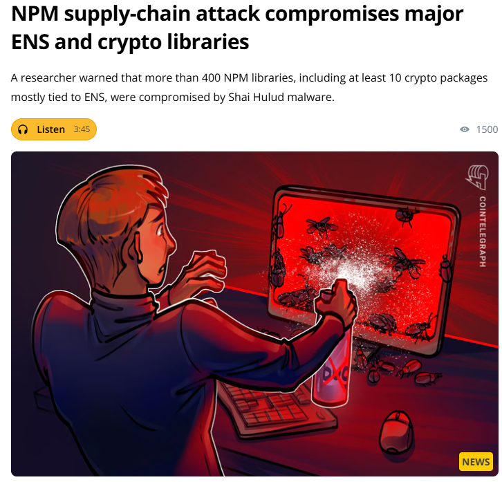 H4ckmanac's tweet image. 🚨NPM supply-chain attack compromises major ENS and crypto libraries