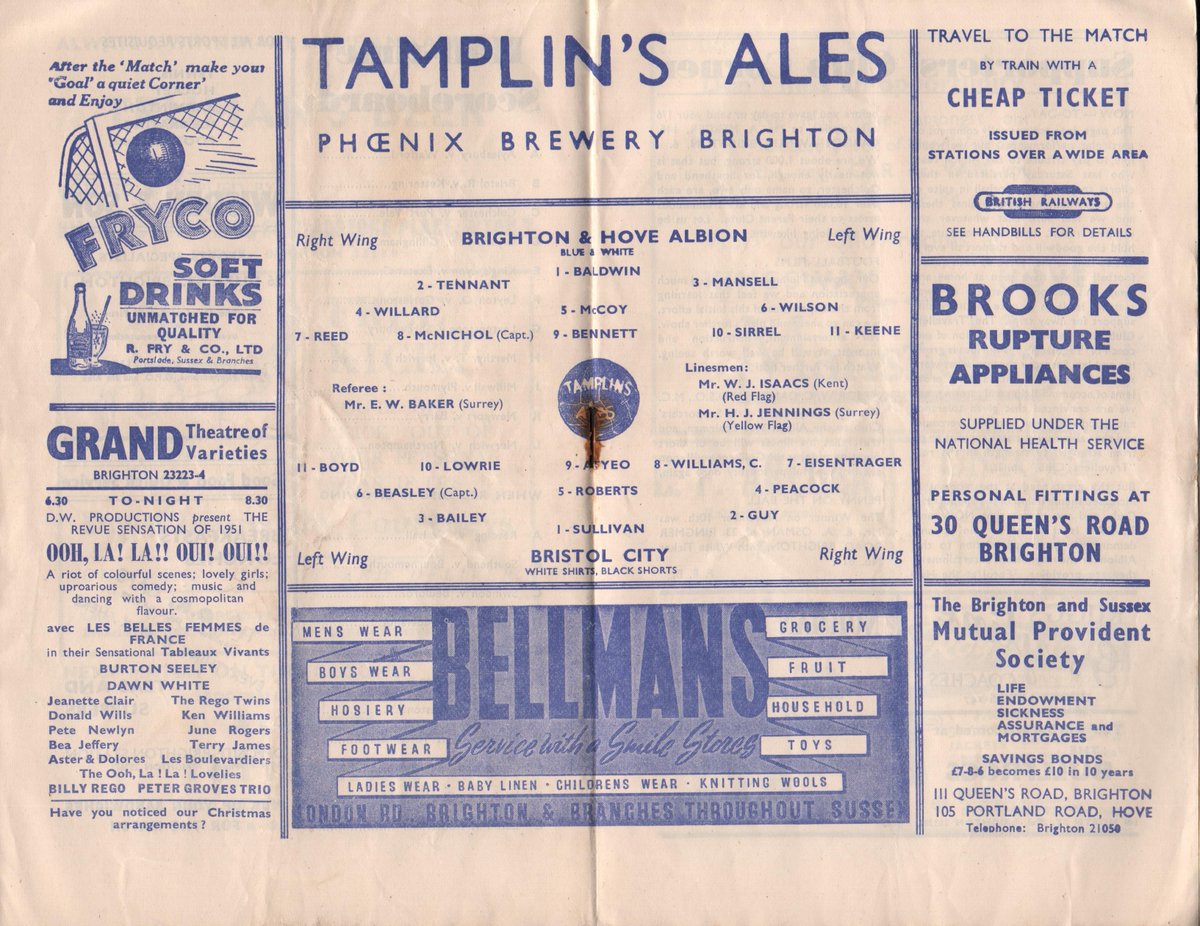 On this day 1951, #BHAFC welcomed #BristolCity to The Goldstone for an #FACup 1st round tie. A crowd of 18,511 saw Ken Bennett score for Albion, but it was the visitors who progressed, after a 2-1 win. seagullsprogrammes.co.uk