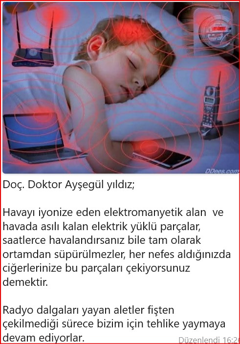 Doç. Doktor Ayşegül yıldız;
Havayı iyonize eden elektromanyetik alan  ve havada asılı kalan elektrik yüklü parçalar, saatlerce havalandırsanız bile tam olarak ortamdan süpürülmezler, her nefes aldığınızda ciğerlerinize bu parçaları çekiyorsunuz demektir.