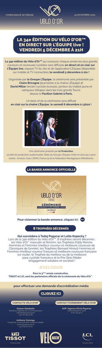 lequipe_pro's tweet image. Toutes les informations dans le communiqué de presse ci-dessous !

Pour les accréditations média : docs.google.com/forms/d/e/1FAI… 

#velodor