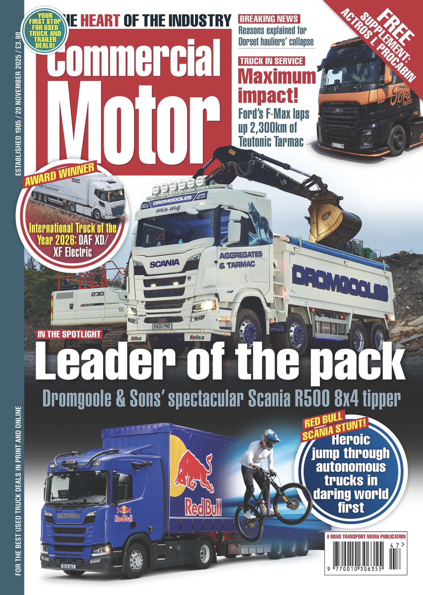 Comm_Motor's tweet image. !OUT NOW! 

⭐ Dromgoole &amp;amp; Sons’ striking Scania R500
🏆 International Truck of the Year 2026: DAF XD/XF Electric
🛠️ Ford F-Max tackles 2,300km
📰 Inside the collapse of a Dorset haulier
🚛 Plus: FREE Actros L ProCabin supplement &amp;amp; a wild Red Bull Scania stunt!
