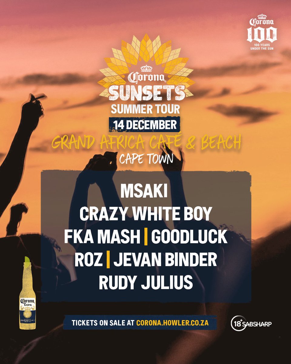 The lineup for The Corona Sunsets Summer Tour at Grand Africa Café &amp; Beach is here! 

Join us on the 14th of December alongside Msaki, Crazy White Boy, Fka Mash, Goodluck, Roz, Jevan Binder &amp; Rudy Julius. 

Golden beats. Golden skies

Tickets on sale now at
