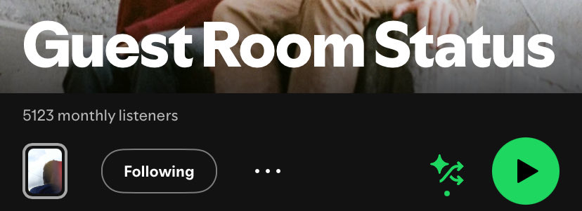 GuestRoomStatus's tweet image. The band @GuestRoomStatus has over 5k monthlies for the first time ever, in no small part thanks to @weretryingrec. Truly the 🐐