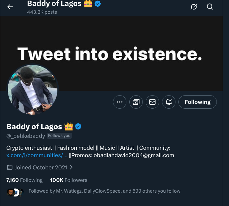 <a href="/_belikebaddy/">Baddy of Lagos 👑</a> 
Congratulations my big bro and mentor
let's make it 110k by today