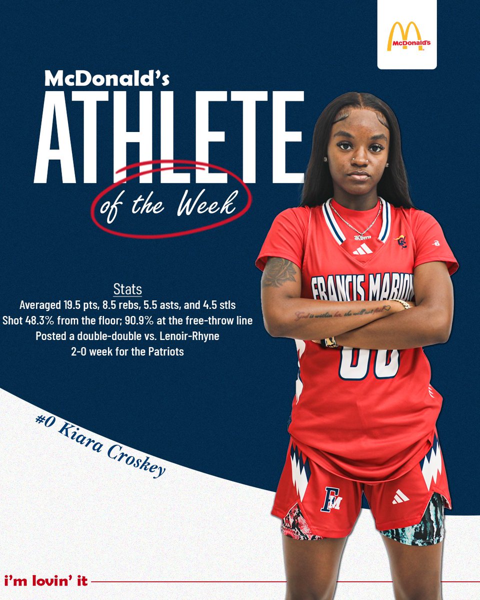 𝗠𝗰𝗗𝗼𝗻𝗮𝗹𝗱'𝘀 𝗔𝘁𝗵𝗹𝗲𝘁𝗲 𝗼𝗳 𝘁𝗵𝗲 𝗪𝗲𝗲𝗸 🍟

🏀Kiara Croskey

An outstanding week for our point guard Kiara Croskey! She averaged 19.5 pts, 8.5 rebs, 5.5 asts, and 4.5 stls as the Patriots posted a 2-0 mark last week.

#SwampEm #GoPatsGo