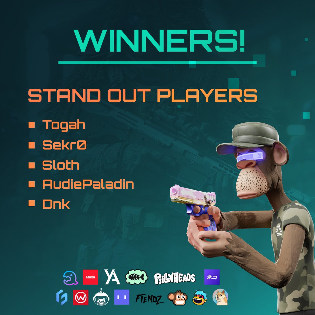 GM GM, Soldiers! ☕️

Hope everyone had an awesome weekend. Winners for Game Night #25 are in! 🏆

Congrats to all!💥

Keep your eyes peeled for the next one!