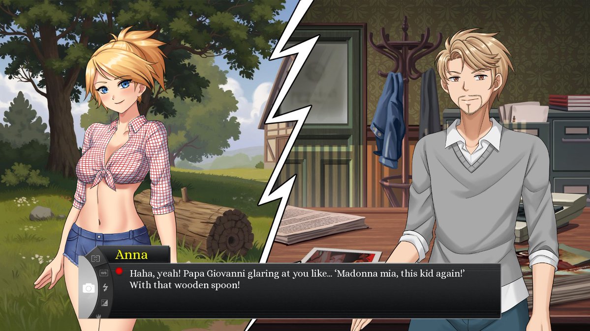 The phone split-screen system is back! In this scene, Anna and MC remember when they were younger. It's a typical Italian tradition for fathers of pretty girls to chase boys away with wooden spoons 😅 #indiedev #gamedev