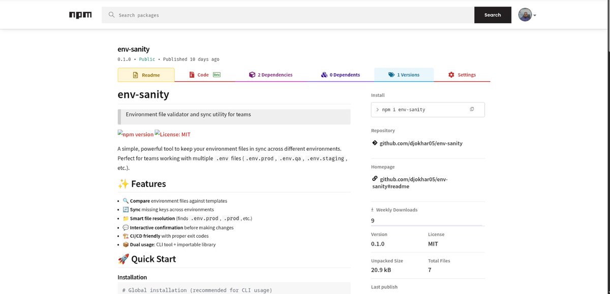 djeffssource's tweet image. Your app didn’t break.
Your .env did. 😭

Introducing env-sanity — environment variable validation for Node.js.
Fast. Tiny. Zero-dependency.
Test it + tell me what you think!

👉 npmjs.com/package/env-sa…

#progrmming #JavaScript #nodejs #OpenSource