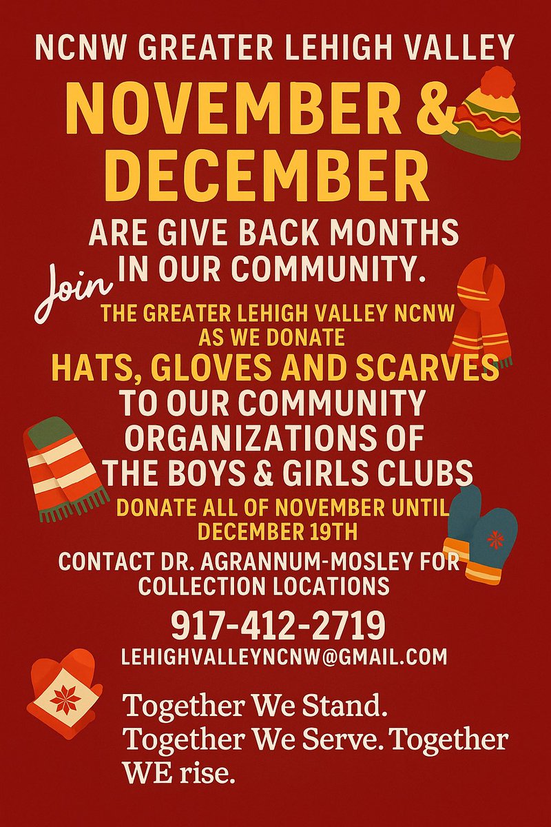 NCNW Greater Lehigh Valley Give Back

This season, we invite you to share warmth in more ways than one.
Whether through a donated pair of gloves, a cozy scarf, or a few hours of your time, every act of giving brings comfort to a child or family in our community.