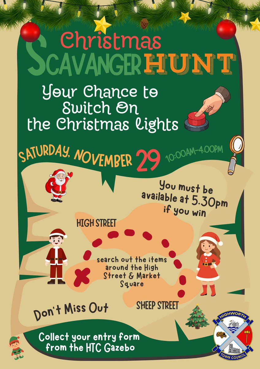 📷 Fancy the chance to switch on the Highworth Christmas Lights? 📷
Join our festive scavenger hunt along High Street and Sheep Street for your opportunity!
•  📷 Entry forms available from 10am on 29th November at the HTC stand