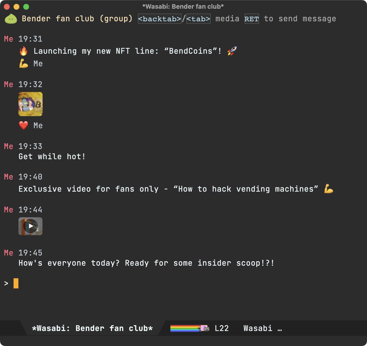 xenodium's tweet image. Here it is. Wasabi&apos;s first (early) release

A native Emacs interface for WhatsApp messaging

xenodium.com/whatsapp-from-…

#whatsapp #oss #foss #macos #linux #neovim #nvim #vim