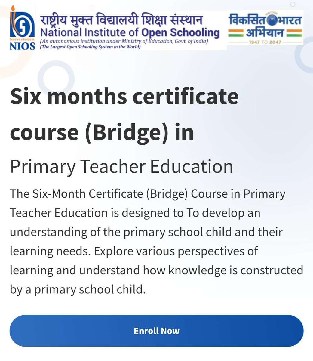 BasicshikshakC's tweet image. बी.एड.योग्यताधारी प्राथमिक शिक्षक के लिए 6महीने का ब्रिज कोर्स हेतु ऑनलाइन शुरू ।
अप्लाई लिंक👇
bridge.nios.ac.in