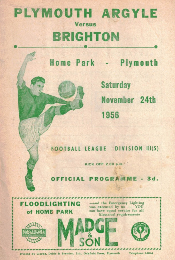 On this day 1956, #BHAFC travel to play #pafc at Home Park in Division Three (South). A crowd of 11,914 goes home happy as the home side win 2-0, a result that drops Albion 4 places to 12th in the table. seagullsprogrammes.co.uk