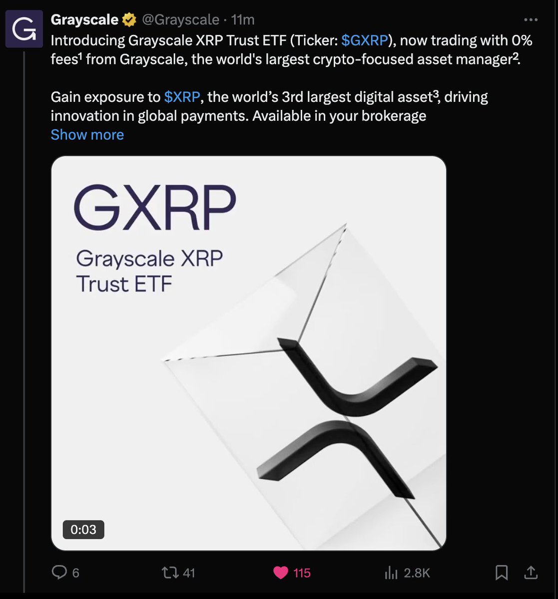 Grayscale 宣布 XRP Trust ETF 的推文截图