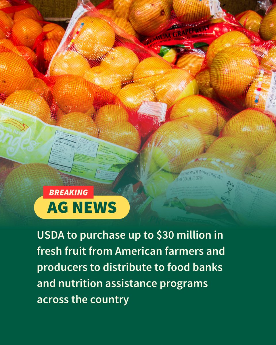 USDA's tweet image. Through Section 32 funds, USDA will purchase up to $30 million in fresh fruit to assist U.S. producers and communities in need of nutrition assistance. 

🔗 usda.gov/about-usda/new…