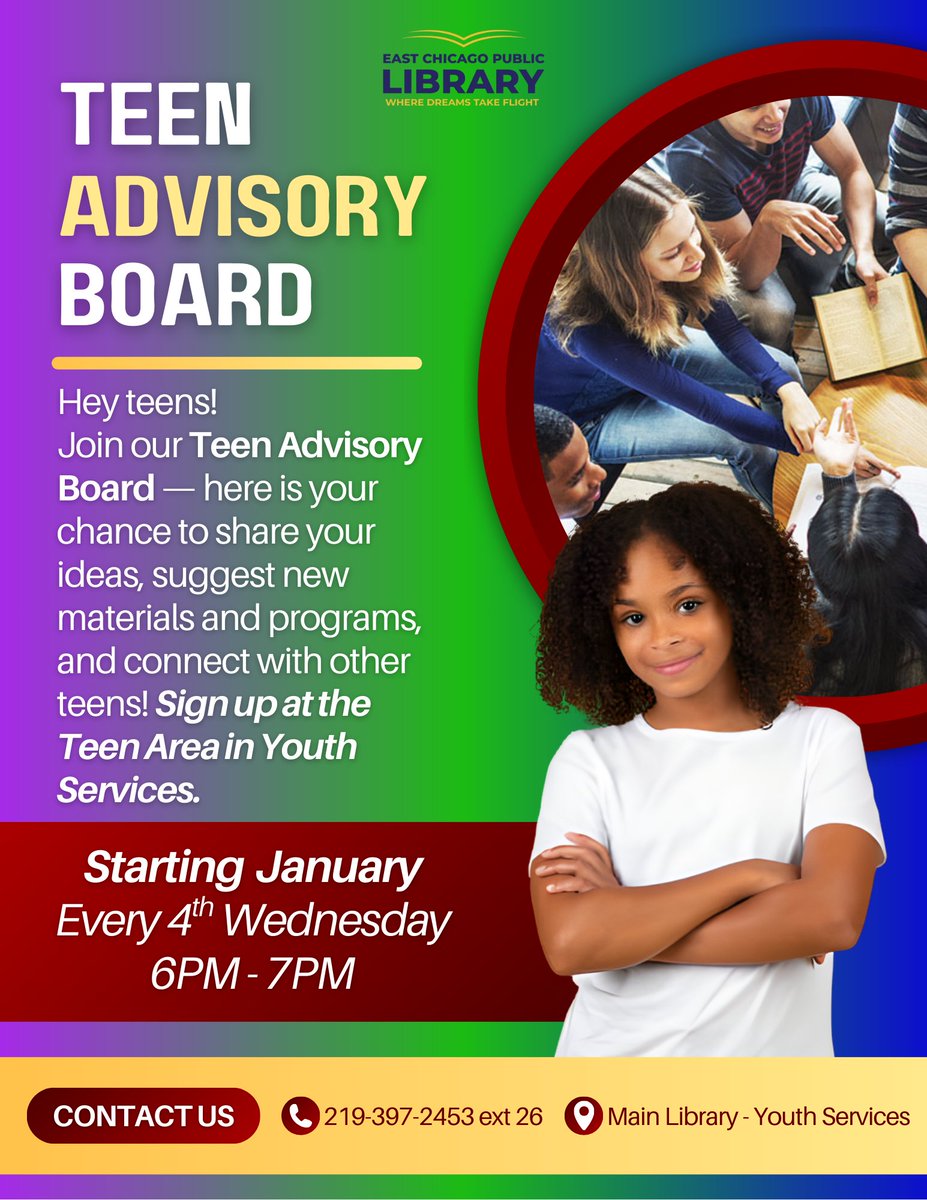 ECPublicLibrary's tweet image. Teens, we want to hear from you! 🎤
Beginning January, the Teen Advisory Board will meet every 4th Wednesday. Help shape library programs, share your ideas, and be a positive voice in your community. 💡
➡️ Stop by Youth Services to sign up!

#TeenAdvisoryBoard #YouthServices