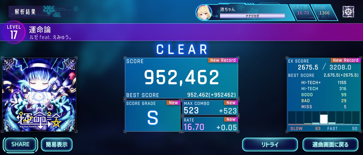 kazunarisound's tweet image. 写ってないけど17初クリアε-(´∀｀;)ﾎｯ

運命論[Wiz] - 952462(+952462)
#lim_game #Liminality