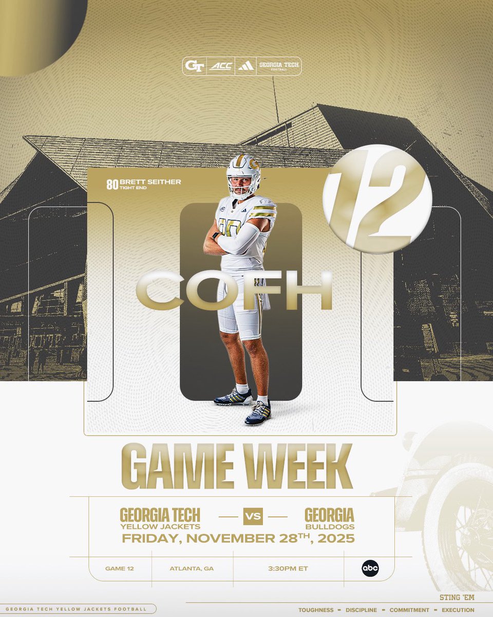 GeorgiaTechFB's tweet image. Clean, Old-Fashioned Hate.

🆚 UgA
🗓️ Friday, Nov. 28
🕖 3:30 pm
📺 @ABCNetwork 
📍@MBStadium 

#StingEm 🐝